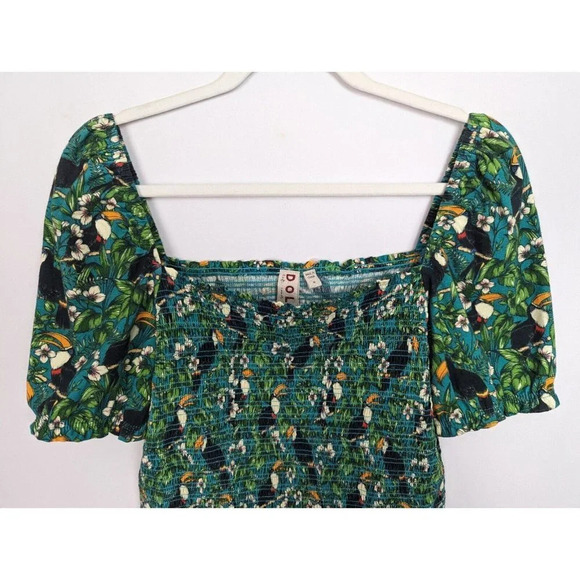 Dolan x Anthropologie M Green Left Coast Smocked Puff Sleeved Top Tropical Bird - Picture 11 of 15